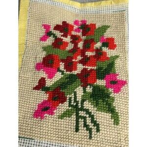 Vintage Needlepoint Red Pink Flowers Completed Finished Unframed 7"x9"